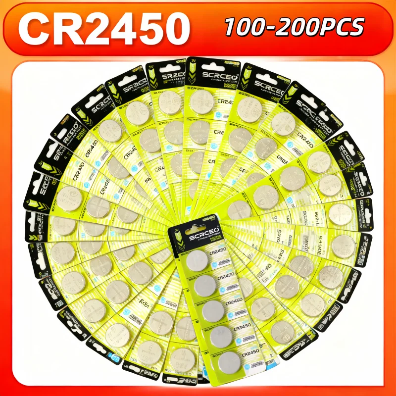 

100-200 шт. литиевые батарейки-таблетки CR2450 3V 600 мАч KCR2450 LM2450, долговечные, для часов, пультов ДУ, ключей