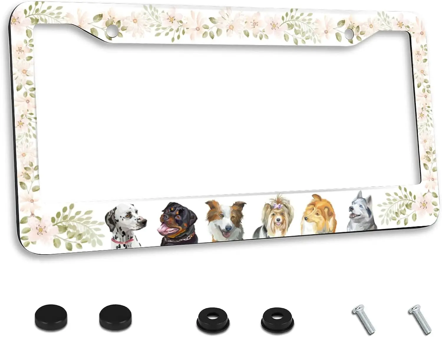 Cute Dog Floral Animal License Plate Frame Car Funny License Plate Cover Stainless Accessory License Plate Decor with 2 Holes