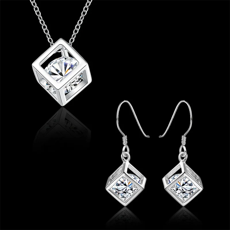 925 Sterling Silver Fine crystal lattice Pendant necklace earrings for woman Jewelry sets Fashion Party wedding accessories gift