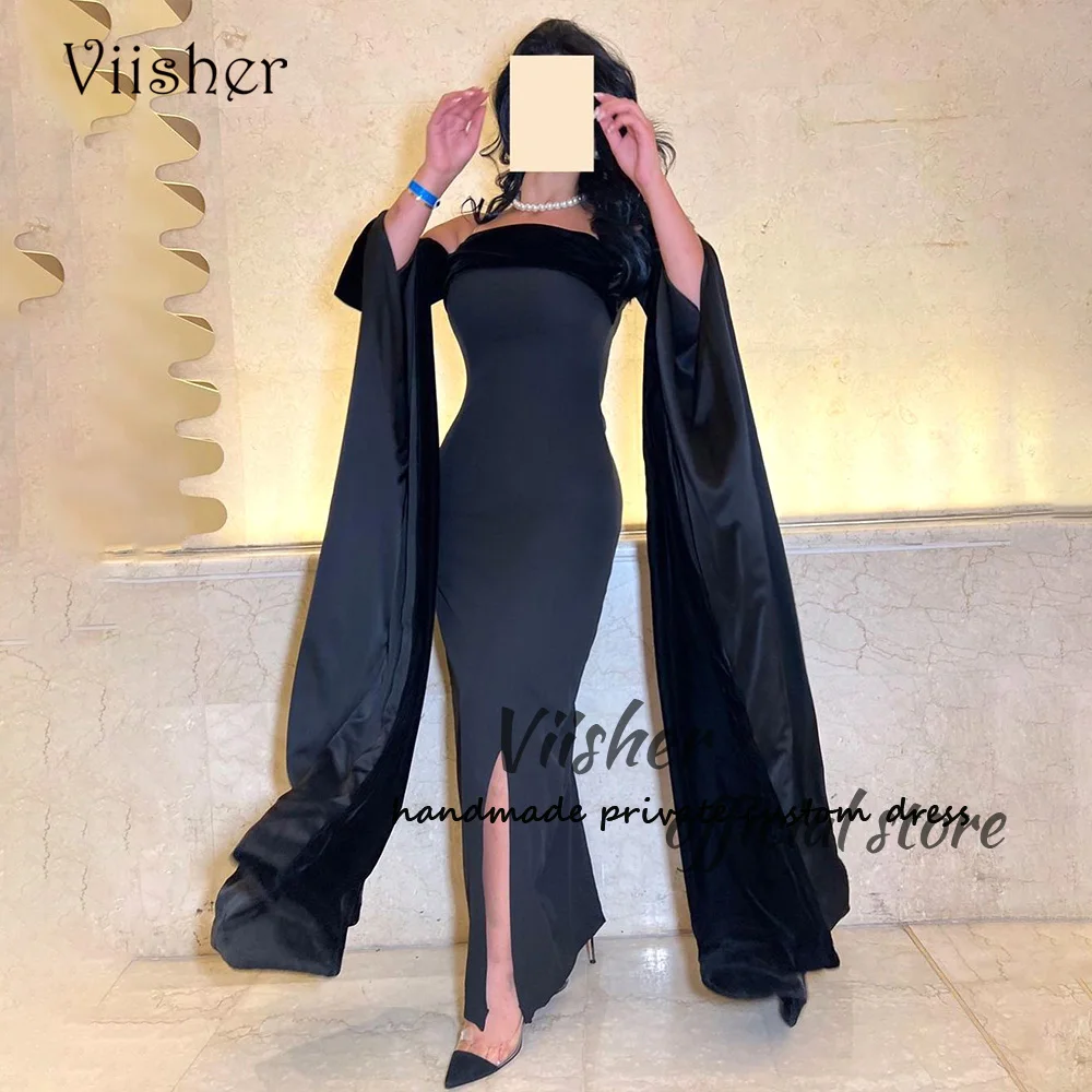 

Viisher Black Mermaid Evening Dresses with Slit Strapless Tight Satin Prom Party Dress Dubai Arabia Evening Party Gowns