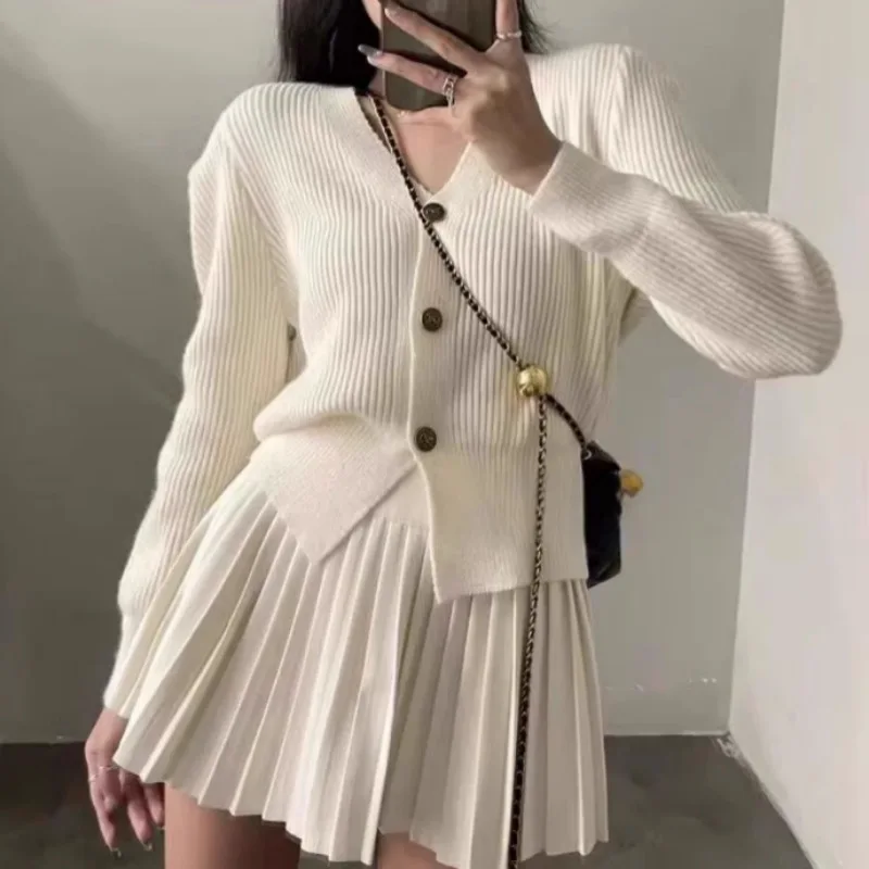 French Elegant Vintage Knitted Set Women Long Sleeve Single Breasted Tops Mini Pleated Skirts Suit High Street Outfit Knitwear