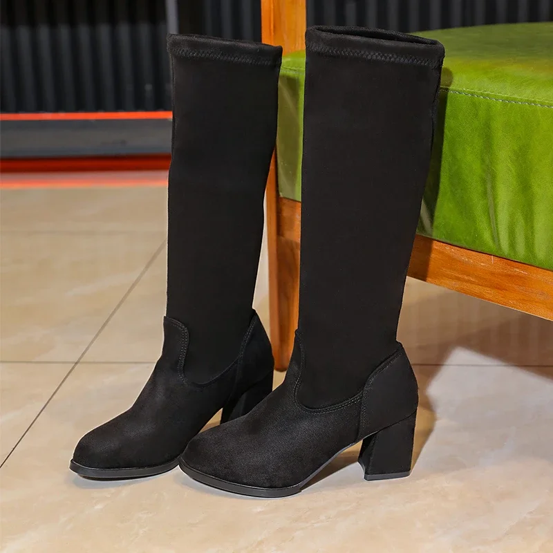 2024 High Quality Women's Shoes Slip on Women's Boots Fashion Sewing Solid Modern Boots Women Sexy Pointed Toe Knee-High Boots