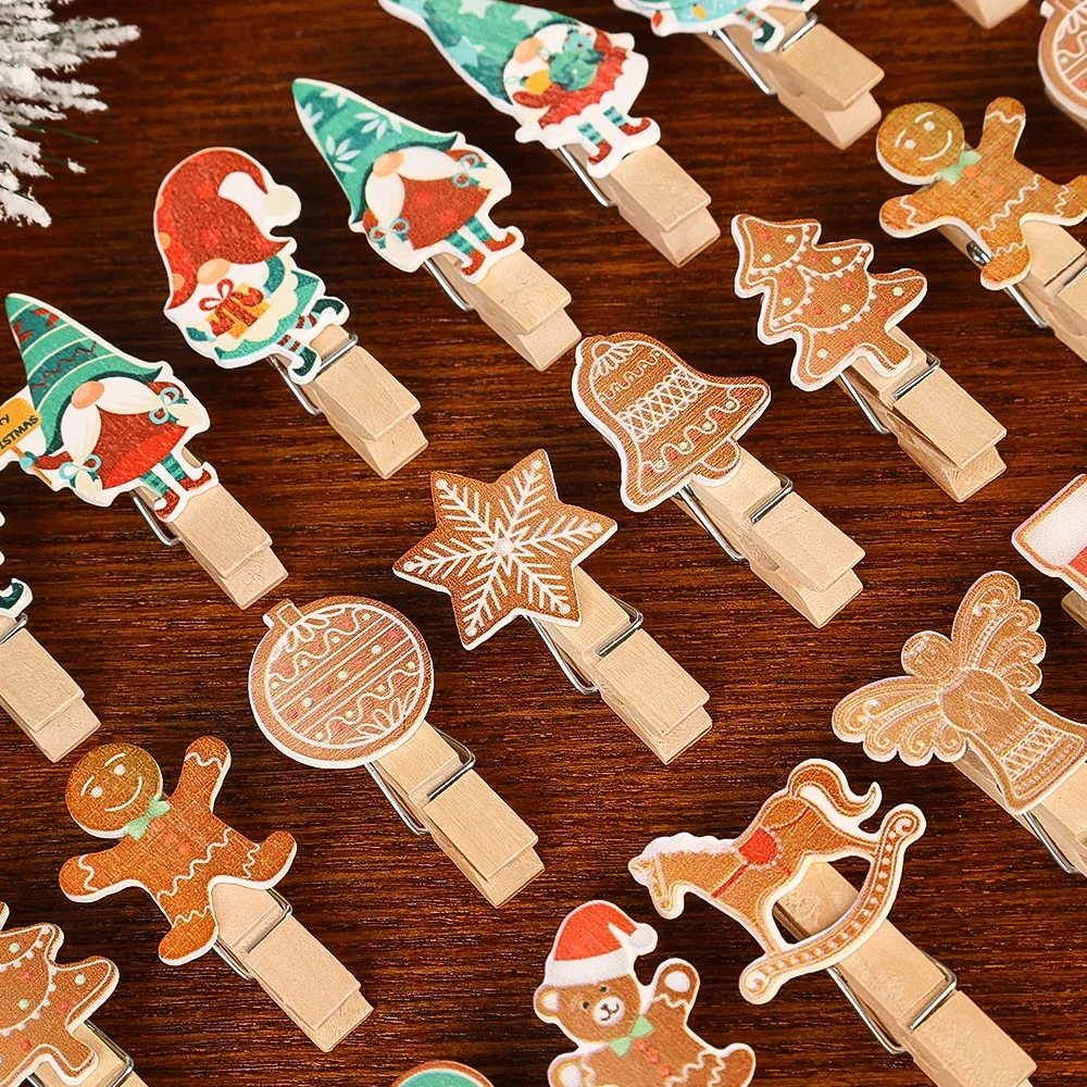 10PCS Christmas Wooden Cartoon Clip Santa Claus Snowflake Decor Clip DIY Memo Paper Art Card Clothespin Clip Party Home Decor