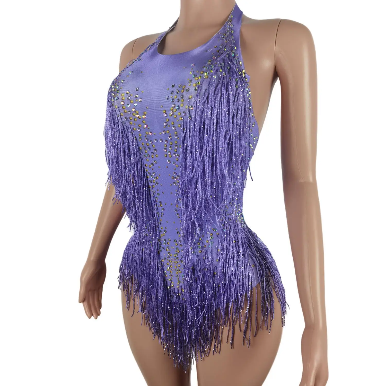 Nieuwe Mode Paarse Kwast Een Stuk Turnpakje Off Shoulder Paaldans Bodysuit Flash Diamant Latin Dance Performance Jurk Liusu