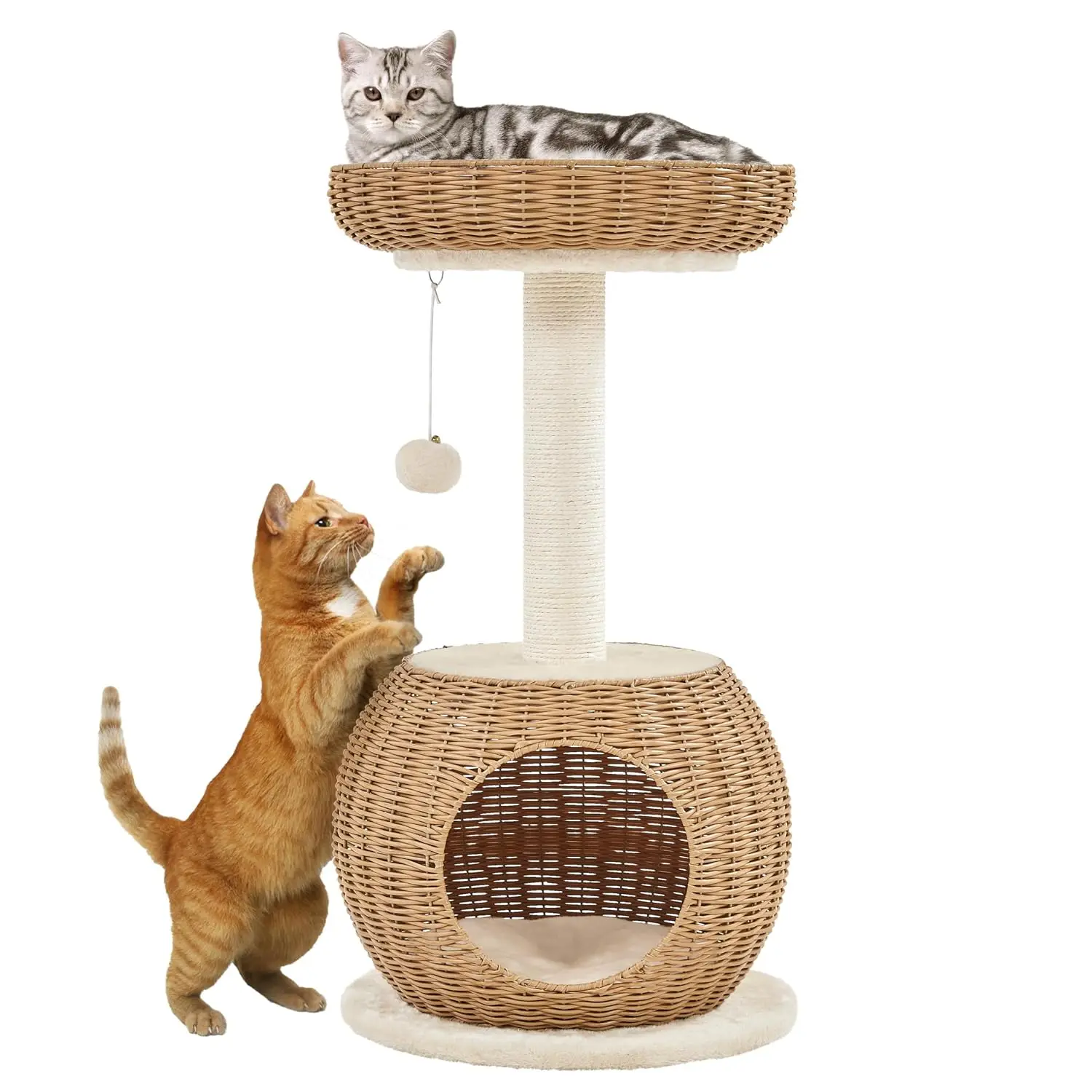 Small Boho Cat Tree w/Woven Rattan Perch and Scratching Post, Customized
