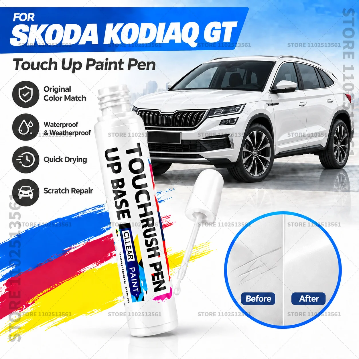 Car Scratch Remover Paint Pen Touch Up Marker for Auto Body Repair Door Bumper Fender Accessories For Skoda Kodiaq GT White Blue