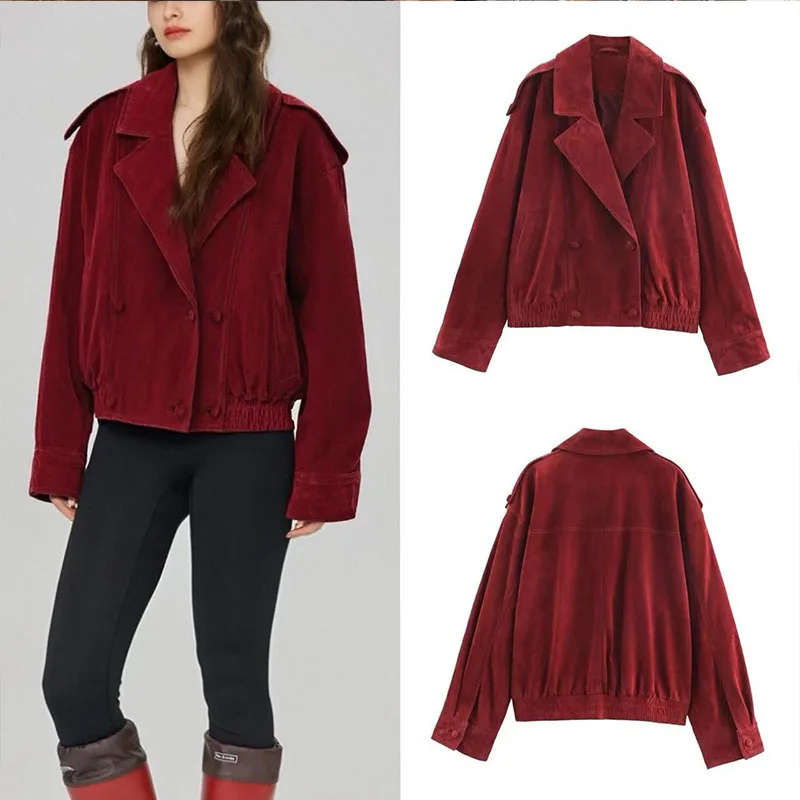 سترة نسائية جديدة على الطراز الأوروبي والأمريكي 2025 متعددة الاستخدامات بلون سادة من جلد الغزال #1