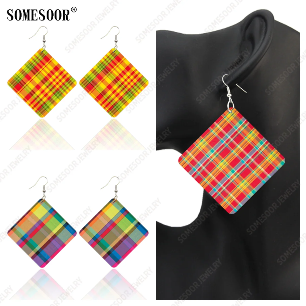 SOMESOOR Madras Plaid Fabric Print Wooden Drop Earrings Yellow Red Orange Patchwork African Ethnic Square Women Dangle Jewelry