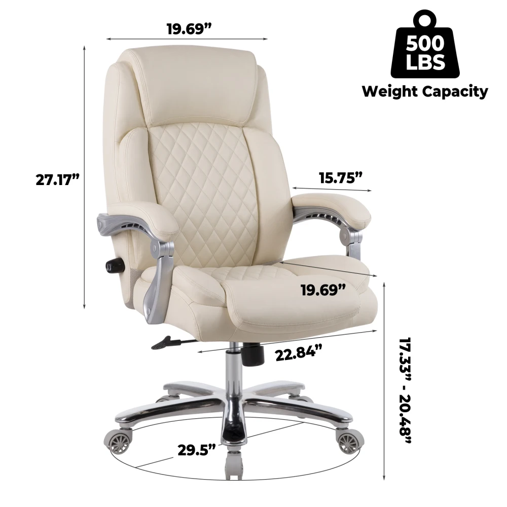 500lbs Heavy Duty Office Chair, Wide Seat Bonded Leather Office Chair with 30-Degree Back Tilt & Lumbar Support (Beige)