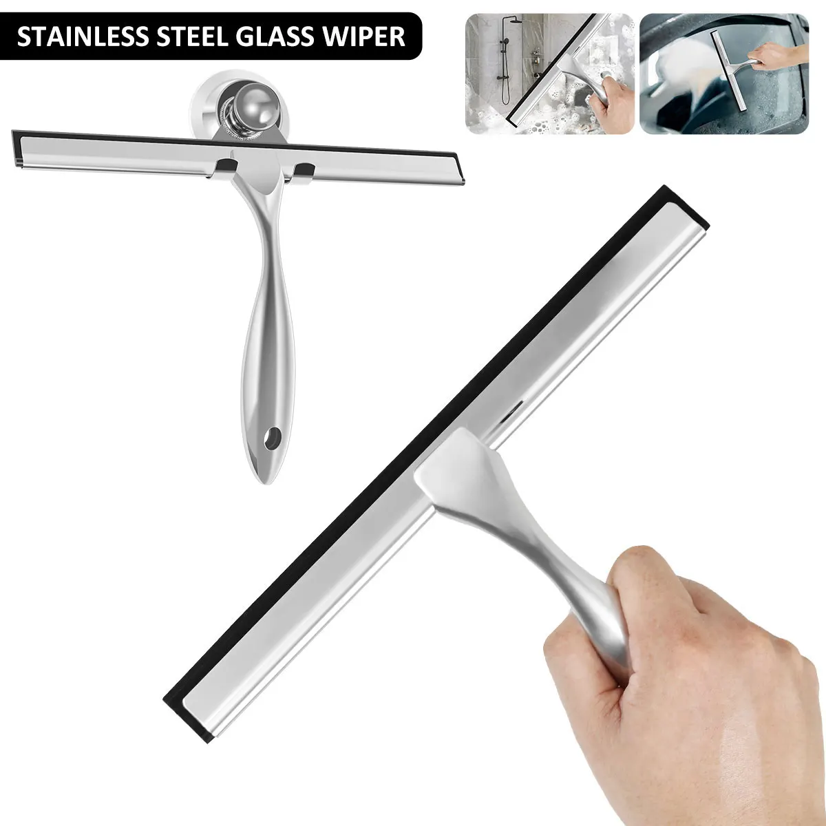 Stainless Steel Shower Squeegee with Suction Cup Window Glass Squeegee Multi-Purpose Cleaning Tool for Bathroom Kitchen Car