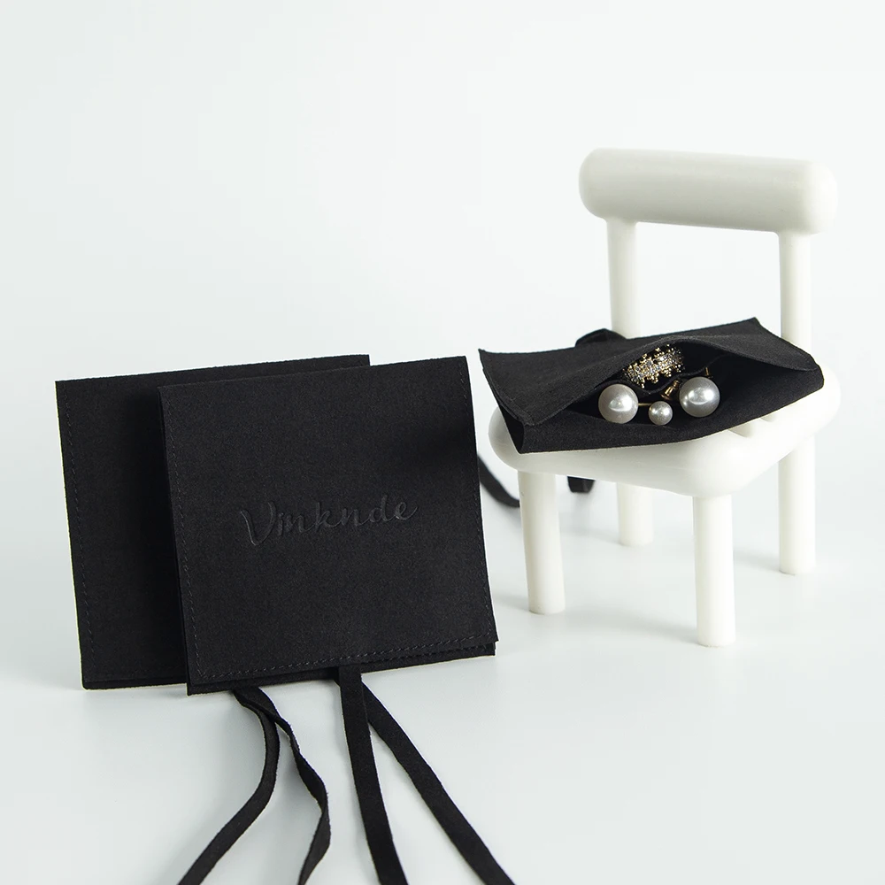 100Pcs Luxury Custom Logo Black Microfiber Full Cover With Rope Bag Envelope Flap Sude Gift Earrings Packaging Organizer Pouches