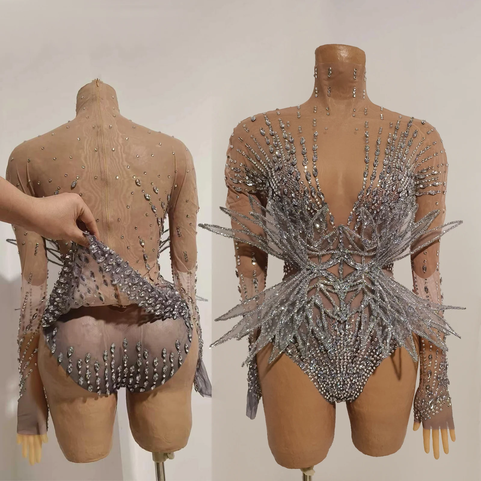 Sexy Silver Rhinestone Mesh Bodysuit Long Sleeve Sheer Nude Mesh Fringe Dance Costume Women Nightclub Party Stage Performance