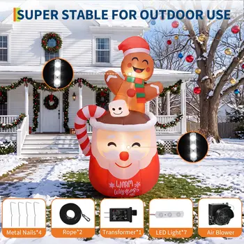 6 Ft Christmas Gingerbread Inflatable With LEDs, Blow Up Hot Cocoa Mug, Yard Decoration, Warm Wishes Sign For Lawn Garden Patio Decor 4