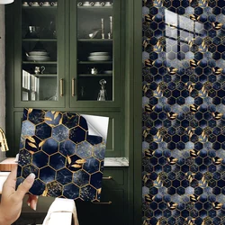 10pcs/set Black & Gold Hexagon Tiles Sticker Kitchen Backsplash Oil-proof Washbasin Peel & Stick Waterproof Art Wallpaper