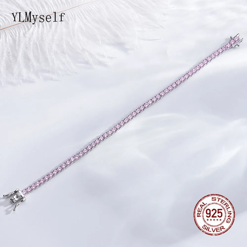 

Real 925 Sterling Silver Tennis Bracelet – 3mm Round Pink Cubic Zirconia, Pave Shiny, 16/17/18cm Fine Jewelry for Women
