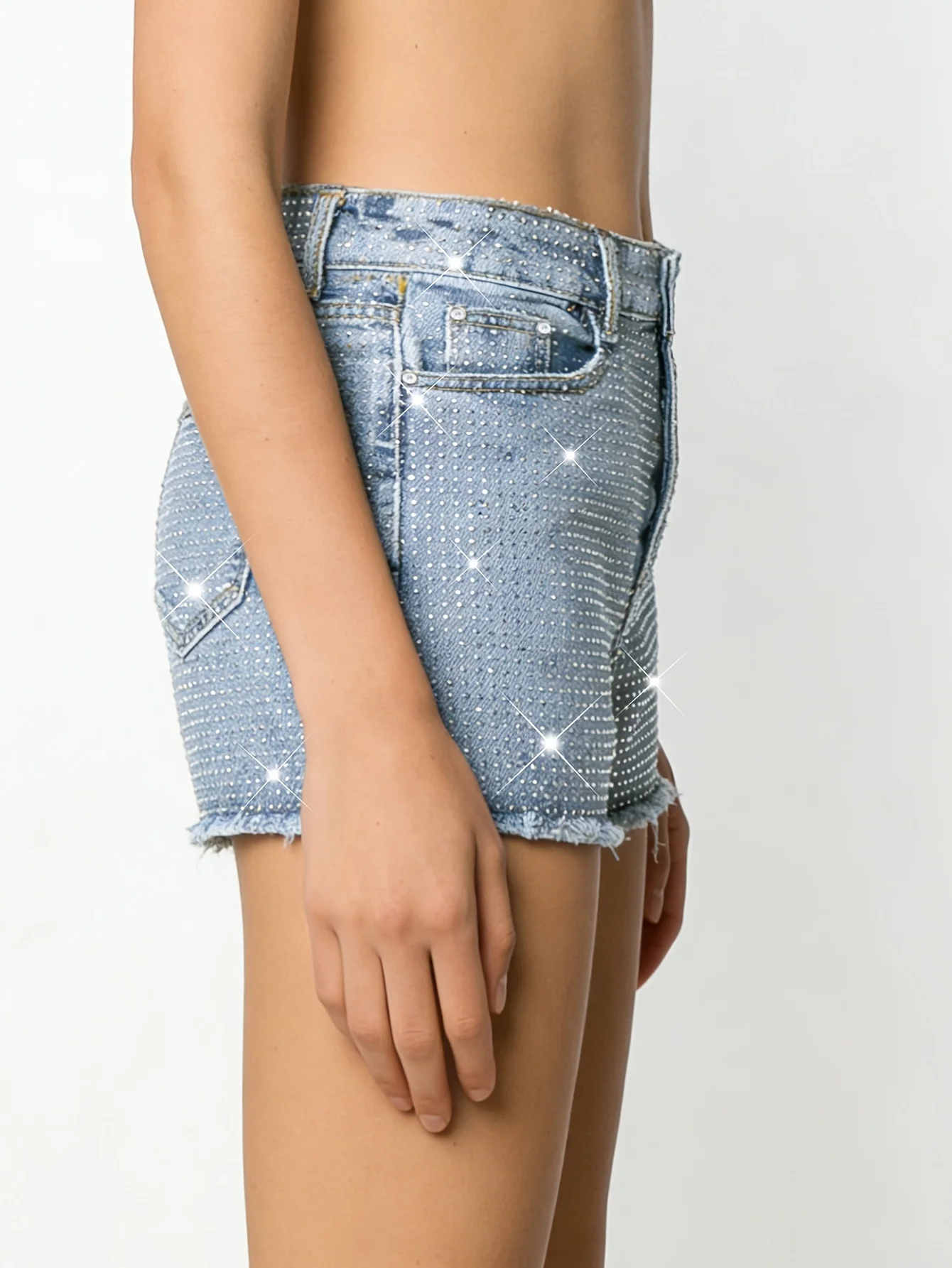 Fashion Rhinestone Raw Edge Denim Shorts For Women Spring Summer 2026 Elastic Blue Shorts Cool Girls Elegant Denim Shorts