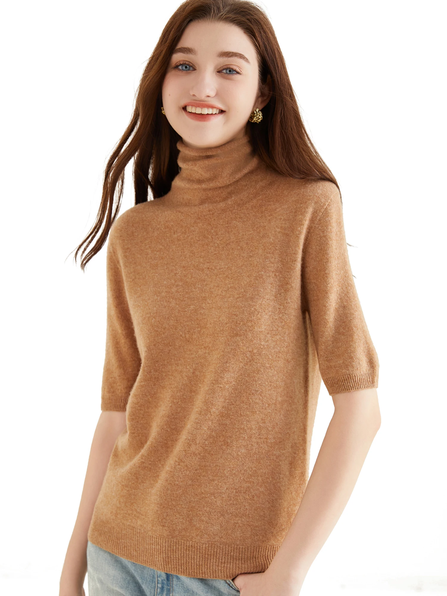 Women's Sweater Short Sleeve Fashion Women Sweaters 2023 New 100% Merino Wool Knitwears Vintage Tops Turtleneck Pullover Clothes