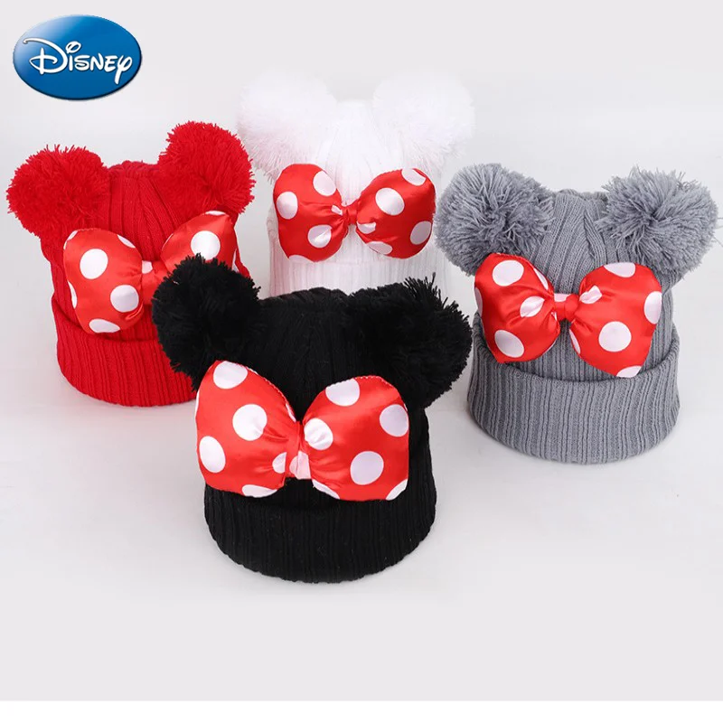 Disney Minnie Bow Children\'s Knitted Hat Cartoon Mickey Boys And Girls Winter Solid Colour Warm Christmas Gift