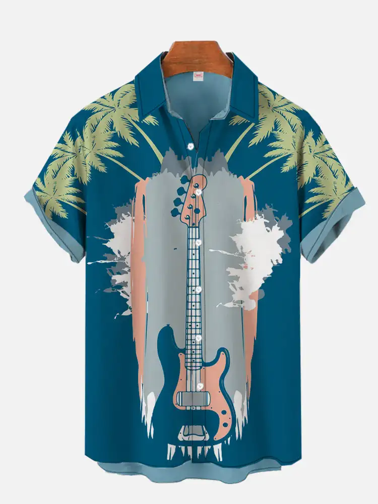 

Guitar Pattern Printed Shirt Hawaiian Beach Comfortable Shirts Men's Short Sleeved Shirt Musical Instrument Pattern Casual Shirt