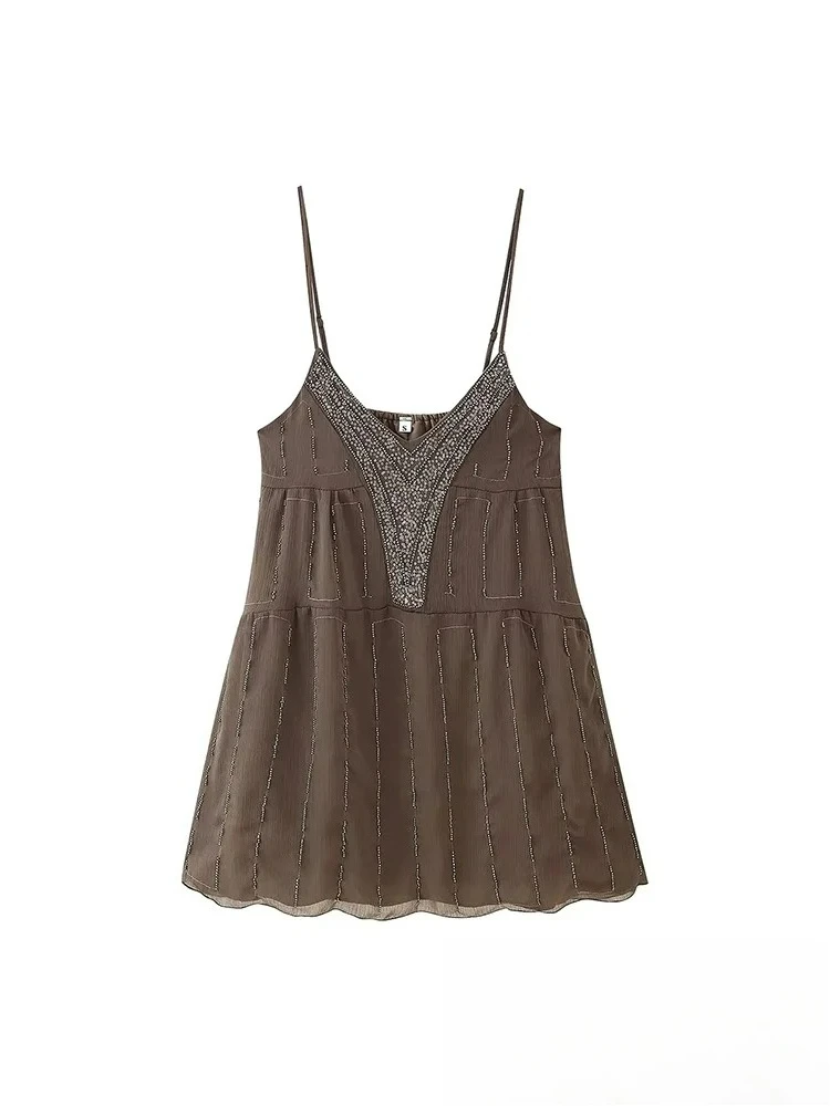 ชุดเดรสลำลองสไตล์ชิคสำหรับผู้หญิง แบรนด์ KONDALA แบบเรียบง่าย สายเดี่ยว ปักเลื่อม แต่งระยิบระยับ ชุดมินิเดรสแฟชั่นใหม่ประจำปี 2025 ชุดเดรสสั้นสำหรับฤดูร้อน