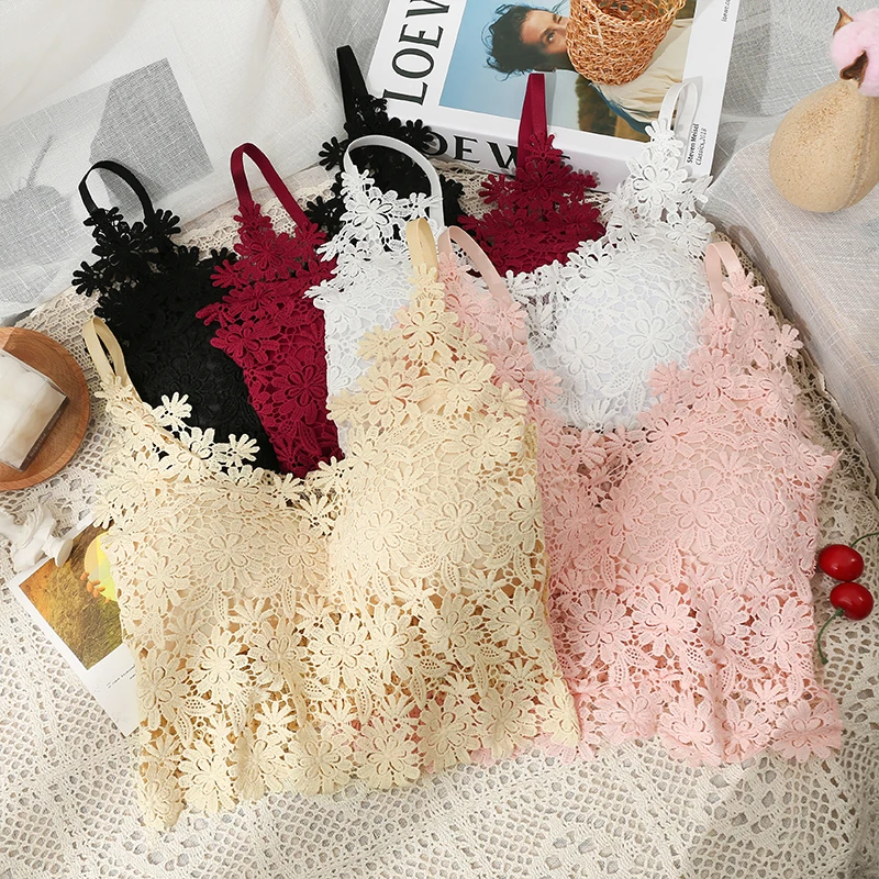 Women New Versatile Summer Hollow Out Tank Top With Bra Pad Lace V-neck Sexy Backless Strapless Outer Wear Off Shoulder Crop Top