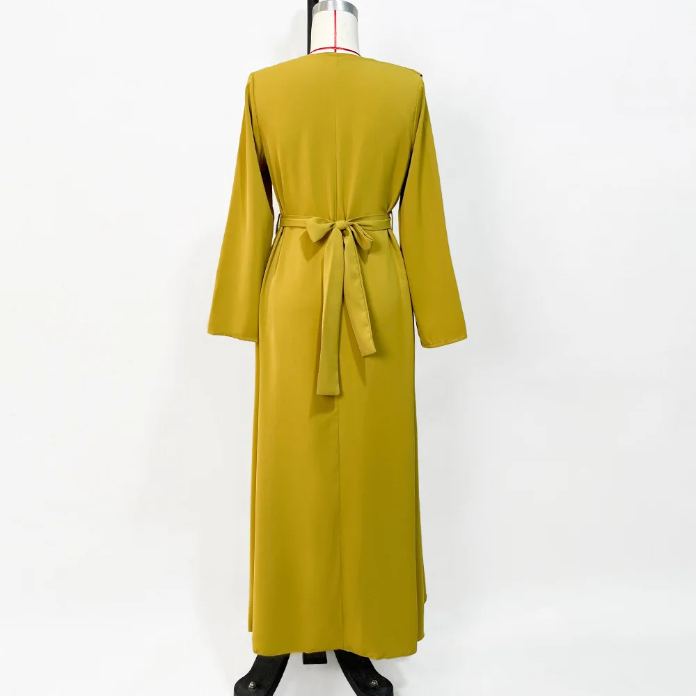 عباية إسلامية جديدة لعام 2025 فستان أصفر الخردل مخيط يدويًا الماس الحلي رداء نسائي Musulmane زهرة مطوي الأكمام فستان للسيدات #6