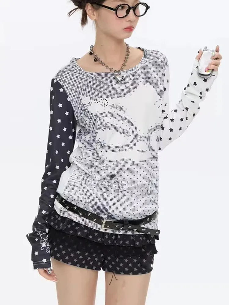 Y2k Aesthetic Long Sleeve T-shirts Women Anime Polka Dot Print Patchwork Slim Fit Tops Autumn Harajuku Vintage Tees Ins