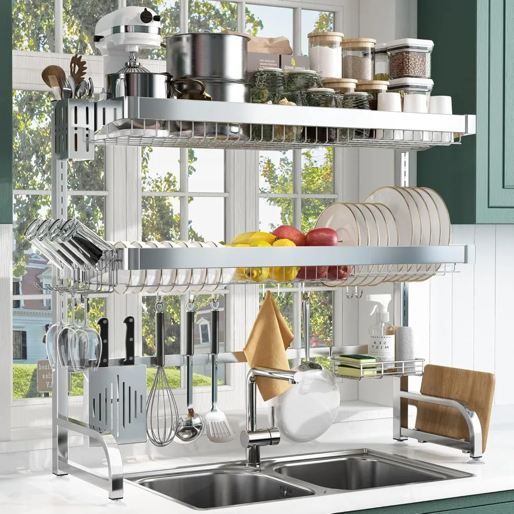 

Sink Dish Drainer Drying Rack, Adjustable 3 Tier Large Dish Racks, Stainless Steel Shelf with Utensil Holder, Kitchen Storage