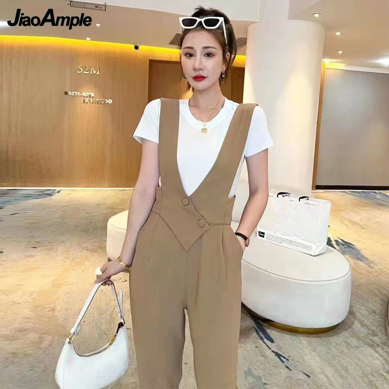 

Women Fashion Overalls Pant Two Pieces Set 2022 Summer Office Lady Casual T Shirt+Straight Trousers Outfits Graceful Workwear