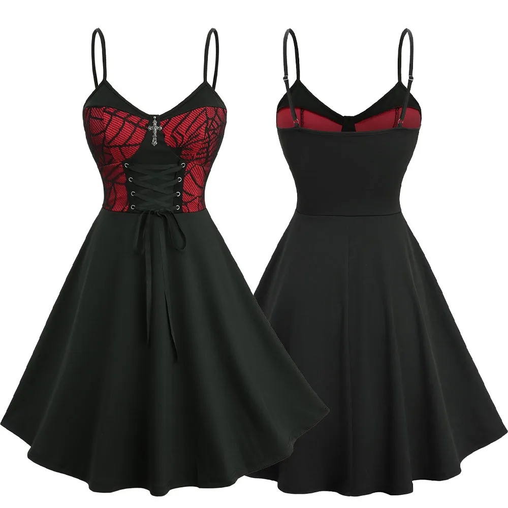 เดรสสายเดี่ยวทรงเอลายใยแมงมุมแบบกอธิค แต่งเชือกผูกไขว้  ลายใยแมงมุมสุดหลอน สไตล์ลำลอง สายปรับได้สำหรับผู้หญิง