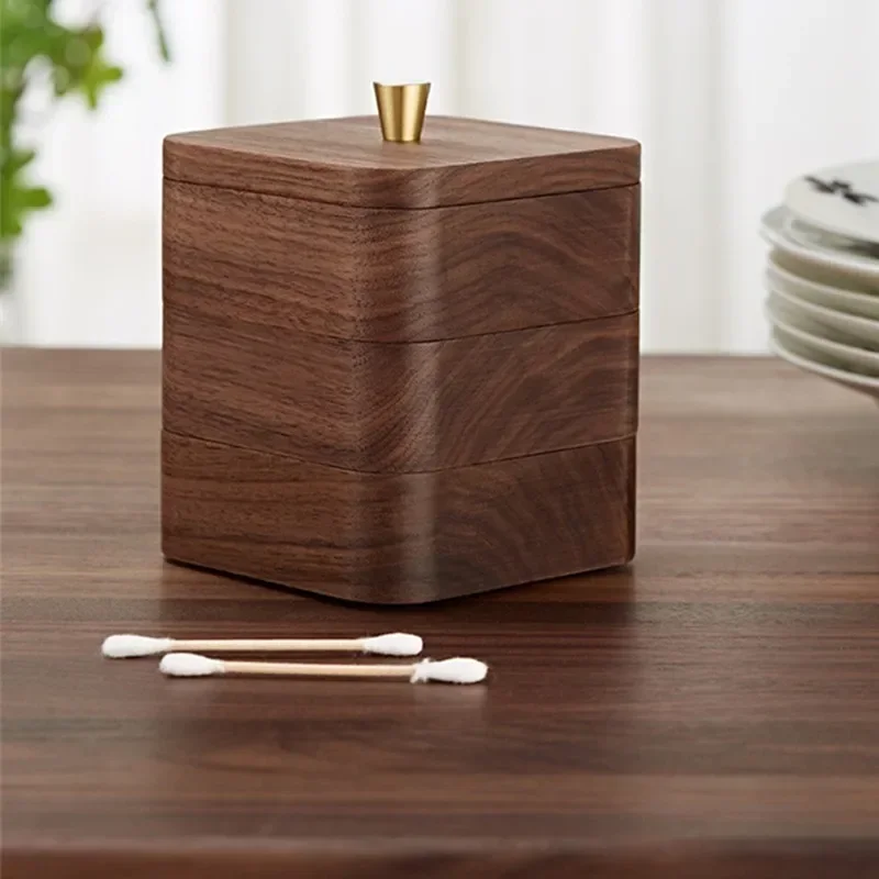 

High-grade Black Walnut Wooden Dental Floss Box Double Storage Box Household Toothpick Cotton Swab Box Jewelry Storage Box