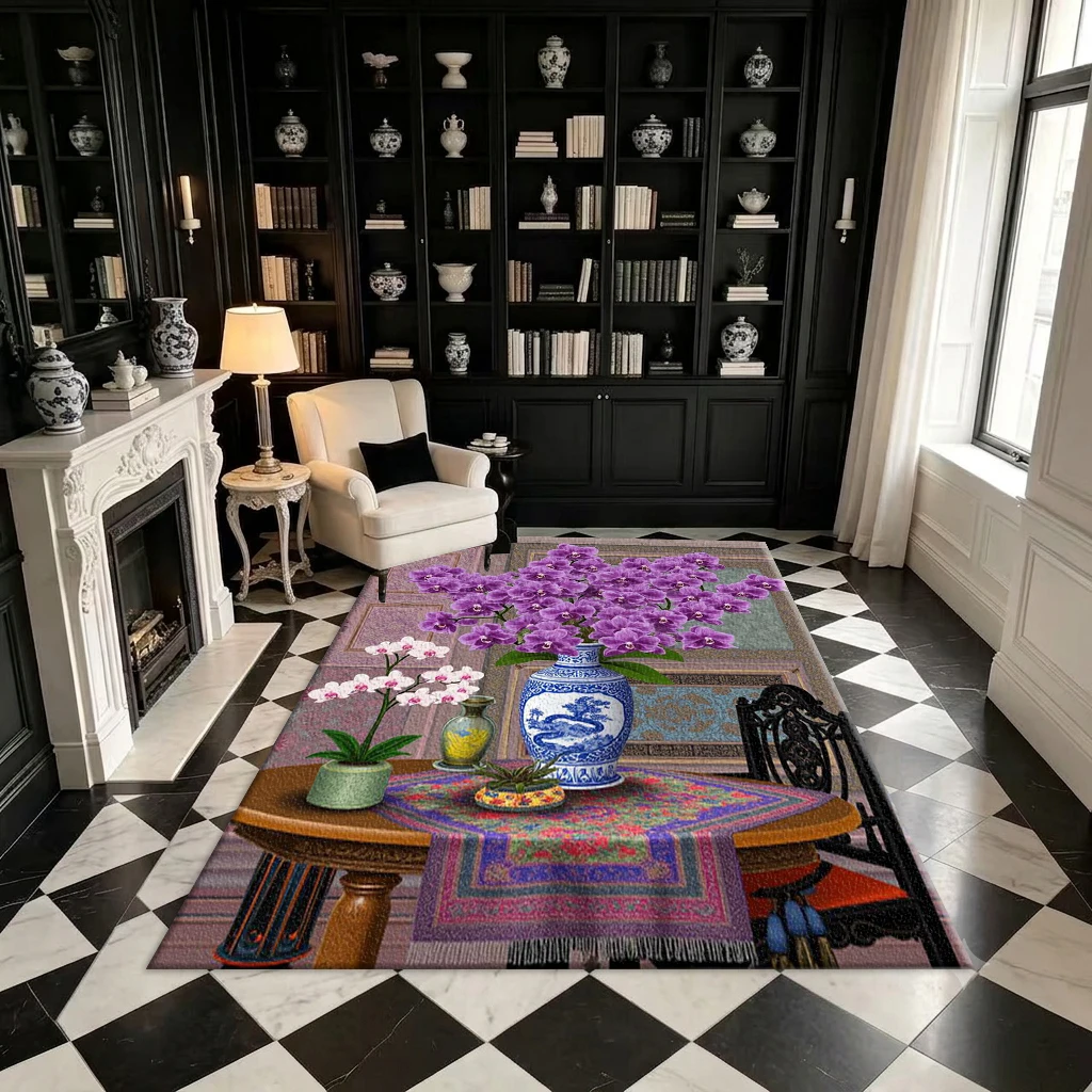 Vintage Interior Decoration Purple Orchid Vase Art Carpet Floor Classic Oriental Floral Scene Print Square Carpet Suitable for Living Room Decoration