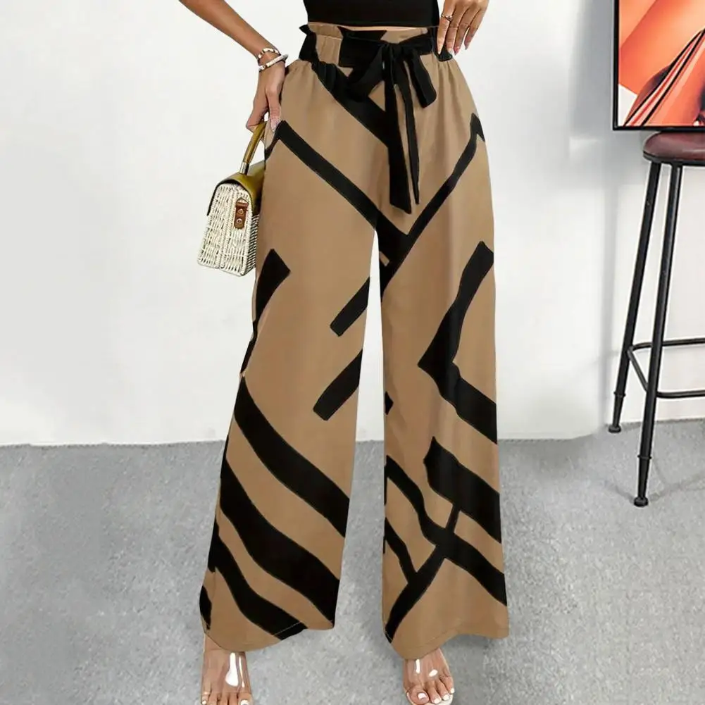 Women Casual Pants Elastic High Waist Adjustable Drawstring Wide Leg Long Trousers Line Print Sport Pants