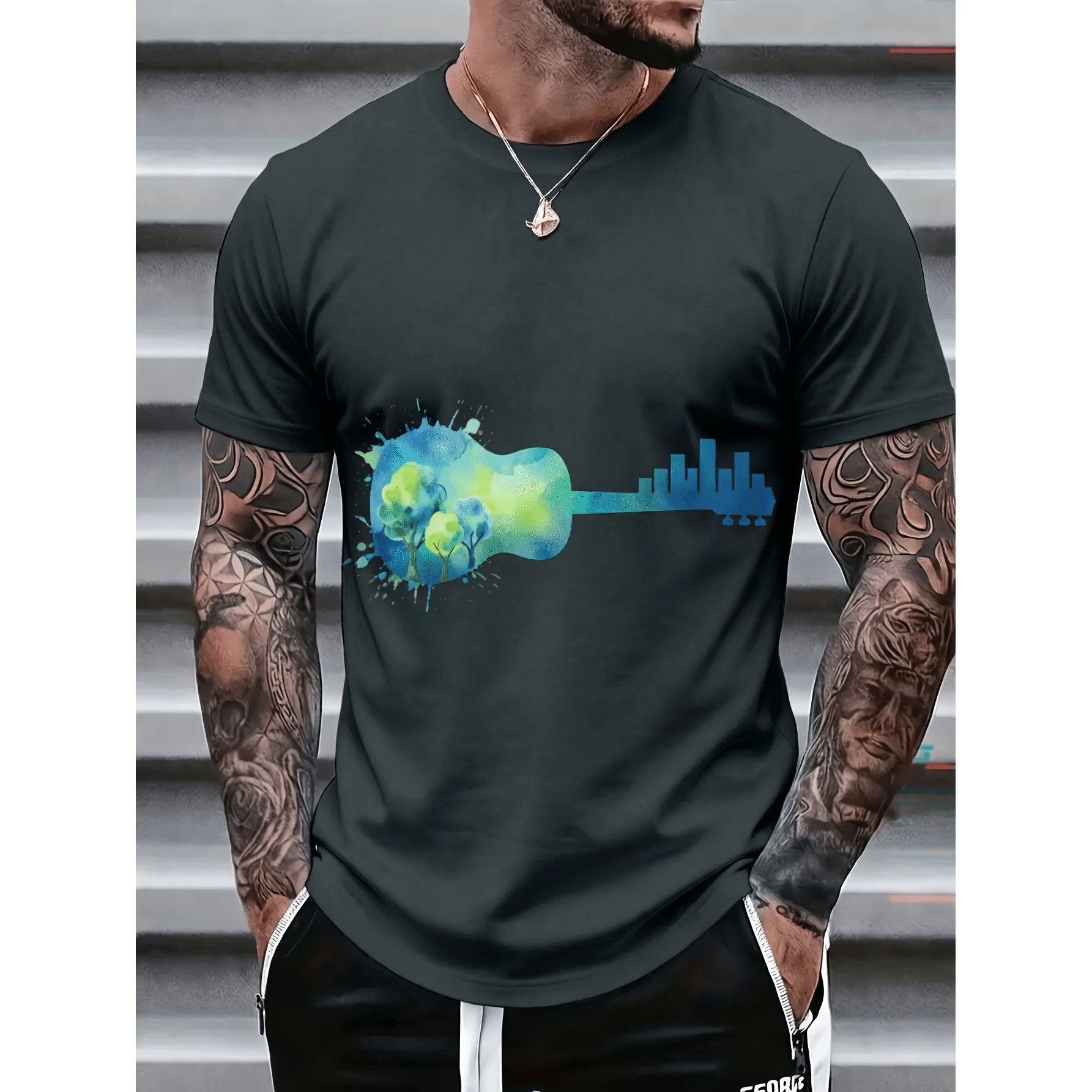 Earth Guitar Planet Sound Wave Graphic Men's Cotton Short Sleeve T-Shirt Music Lovers Casual Tee