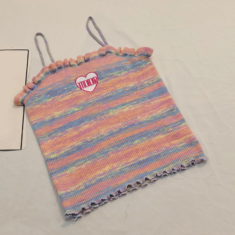 Camisola de punto ajustada sin mangas con bordado de amor a rayas Retro dulce de verano para mujer