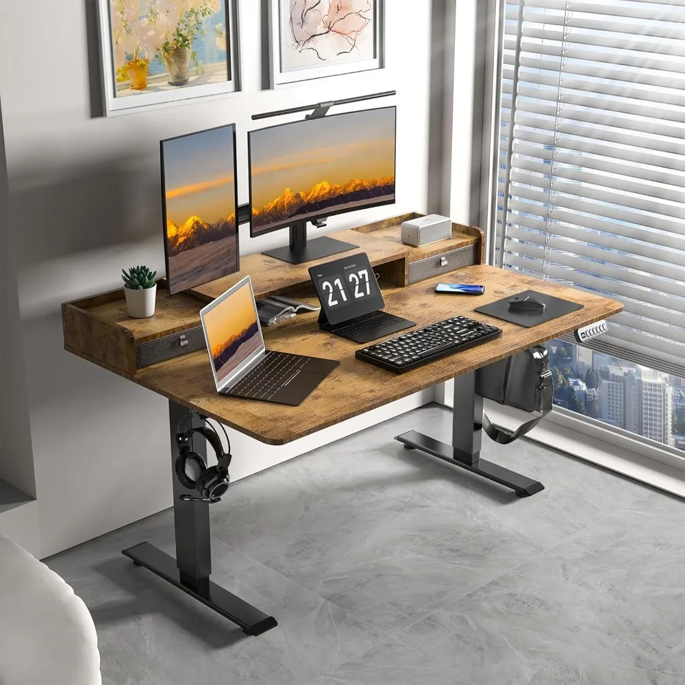 

55×30 Inch Electric Standing Desk With 2 Drawers Adjustable Height Widened Stand Up Desk With Storage Shelf Office Desks Table