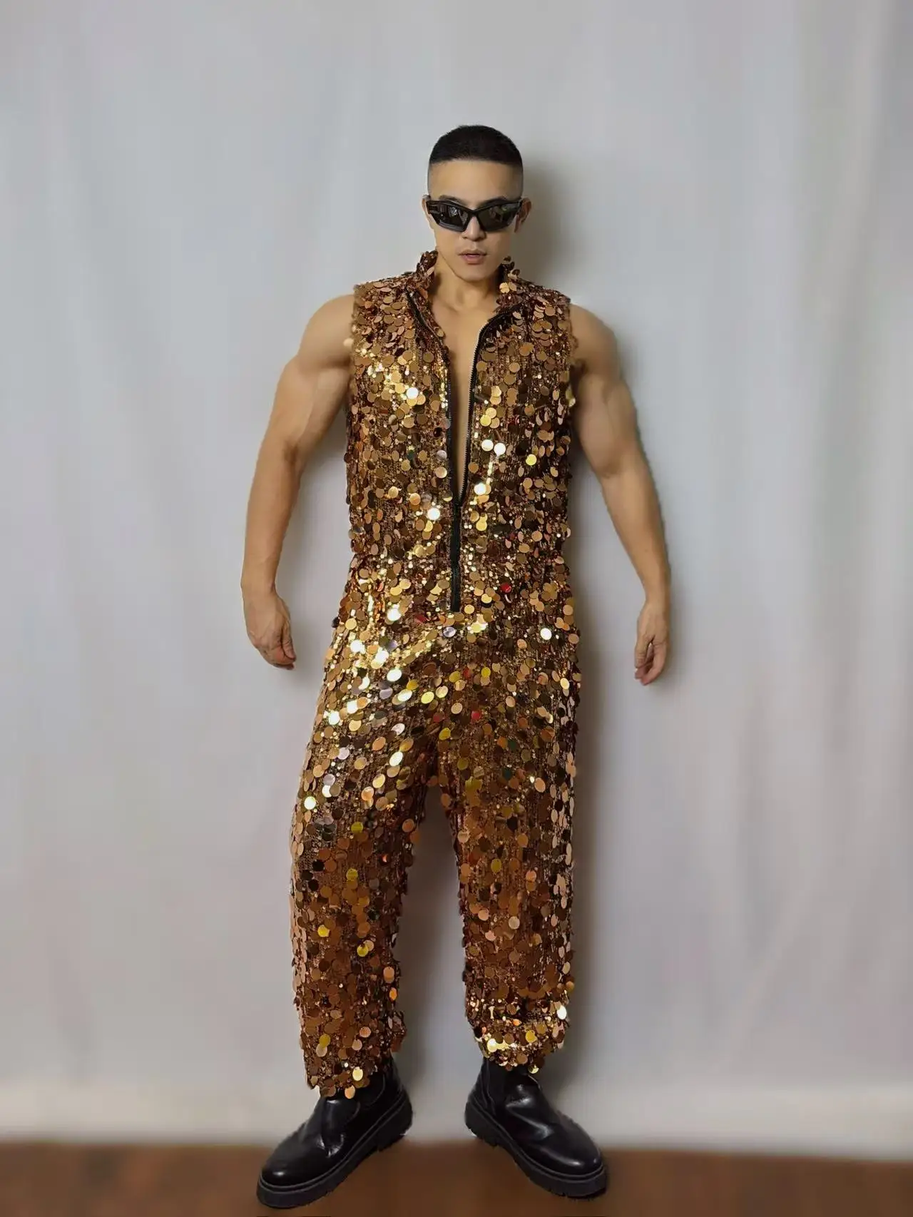 Glitter Oro Argento Paillettes Tuta senza maniche Hip Hop Dance Outfit Festival Party Nightclub Bar Gogo Performance Costume di scena