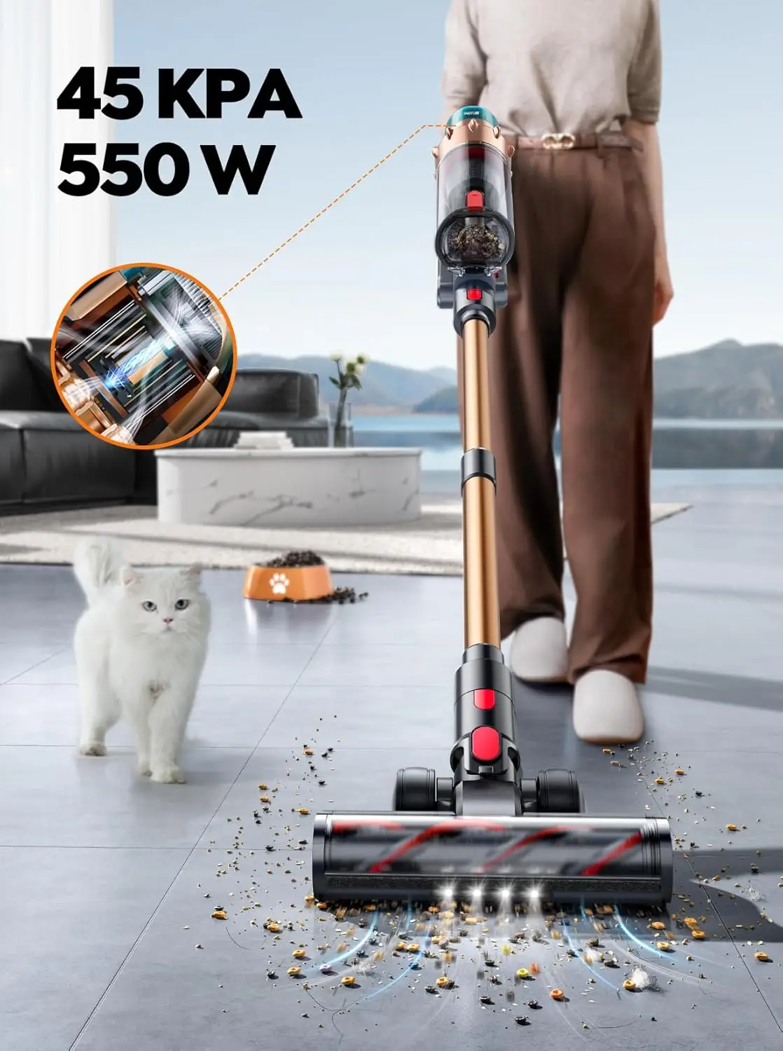 550W 45KPA 60 Mins Runtime Self-Standing Vacuum Cleaners for Home, Stick Vacuum with Charging Dock Station Removable Battery, Ha