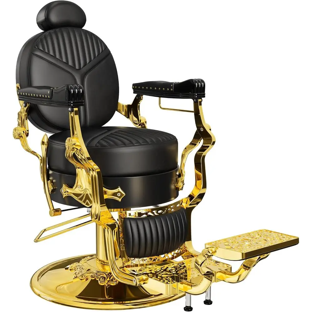 

Luxurious Black and Gold Reclining Barber Chair with Plush Cushion and Adjustable Rest for Hair and Tattoo Studios, Supporting U