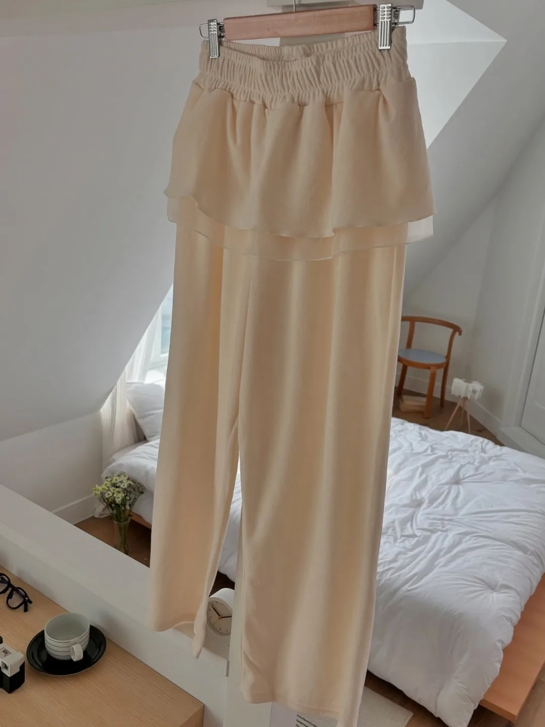 한국 스타일 하이웨이스트 플리츠 이중 레이어 스커트 스트레이트 레그 팬츠 여성용 봄 신상 에이지리스 개성 캐주얼 바지