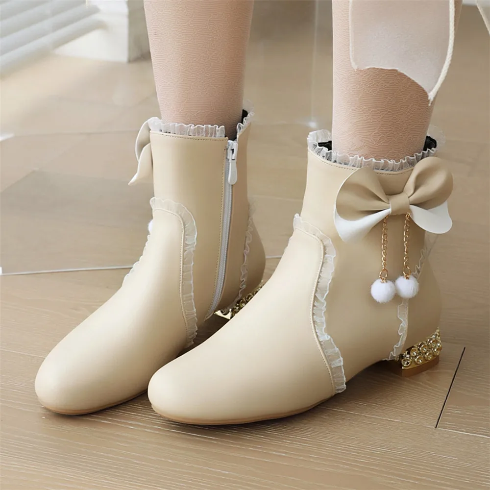 2023 New Winter Women Boots Girls Booties Thick Heel Low-heel Short Boots Side Zippe Bow Botas Mujer Shoes 31-43Pink White Beige