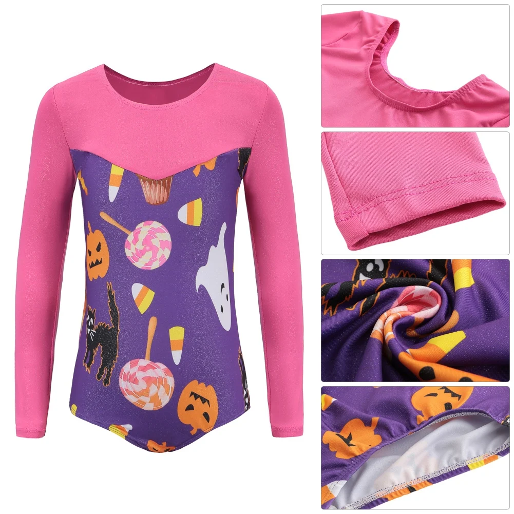 Collant de manga comprida para Crianças, Roupa ginástica, Sparkly Tumbling, Halloween, Natal, Ginástica