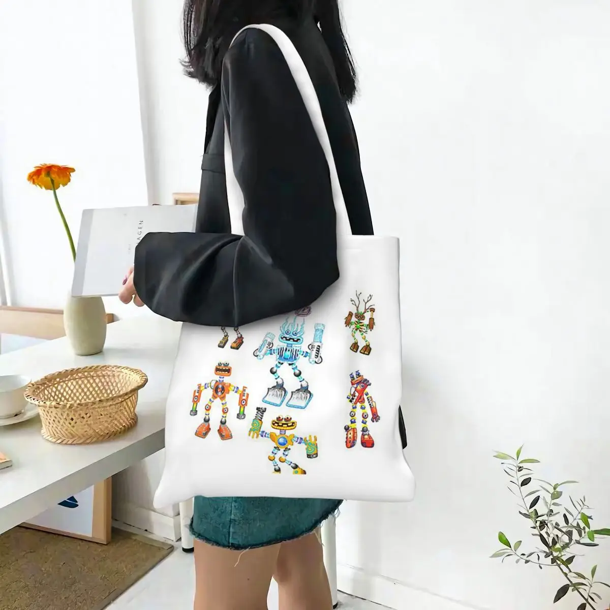 My Singing Monsters Wubbox Shopping Bags Canvas The Tote Bag Foldable for Girls Shoulder Tote Travel Handbag