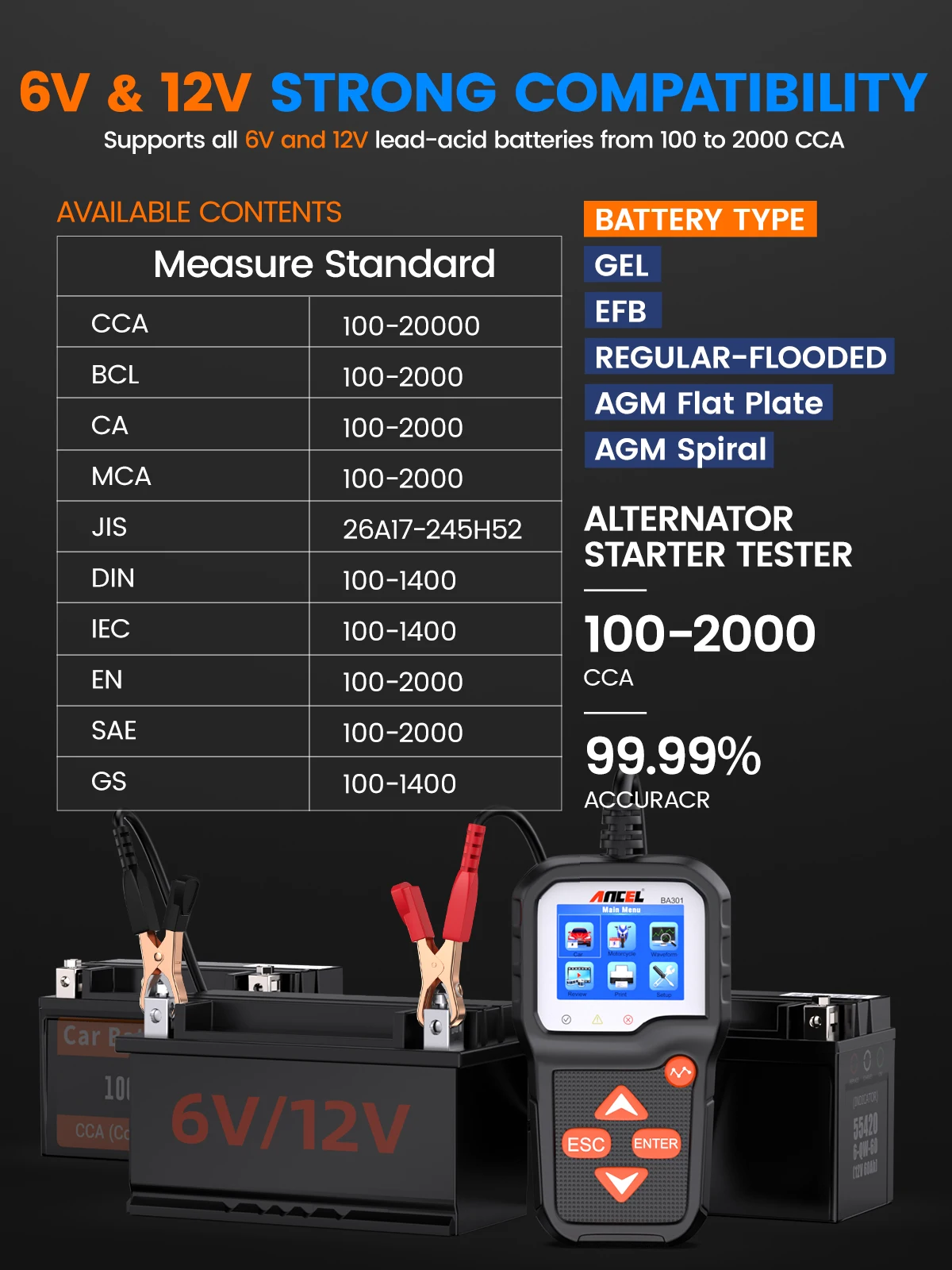 ANCEL BA301 6V 12V Car Battery Tester 100-2000CCA Cranking and Charging System Test Tool Automotive Load Tester Battery Analyzer