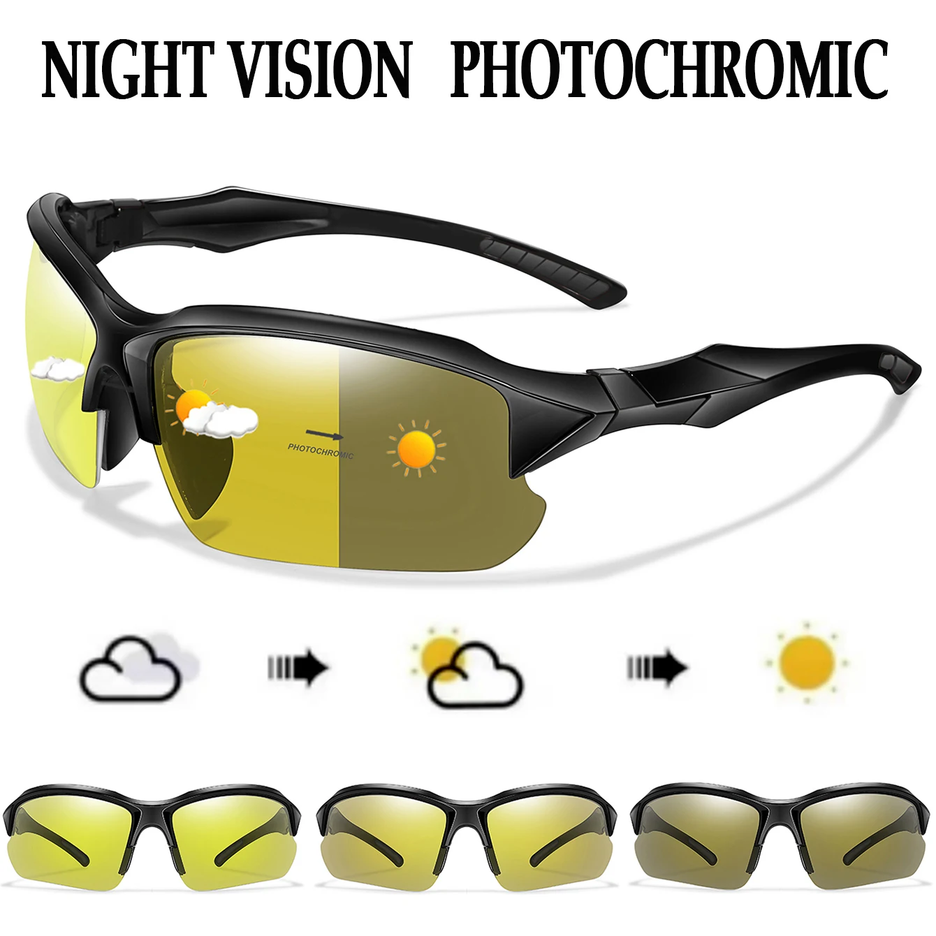 Photochrome Nachtsicht-Sonnenbrille für Männer und Frauen, Outdoor-Sport, tägliches Tragen, Wandern, Radfahren, Golf, winddichte Schutzbrille