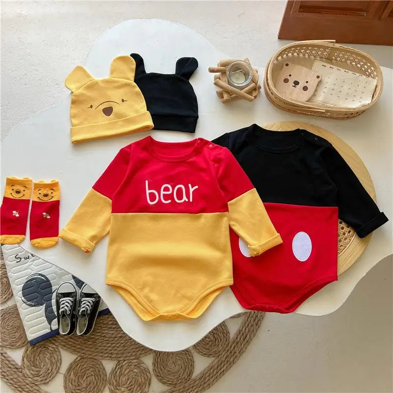 Mickey Mouse Bodysuit Baby Clothes Disney Hat Sock Anime Onesie Pooh Bear Clothes Washable Simple Short Sleeves Hat Wholesale