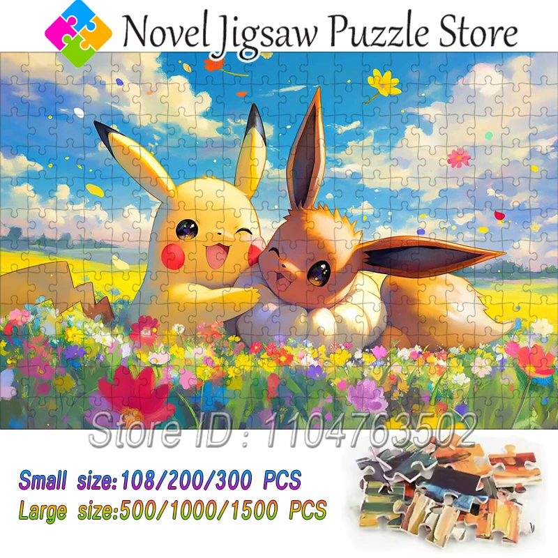 ピカチュウ-イーブイ-花畑パズル-ポケモン漫画キャラクター-ジグソーパズル-子供向け楽しいゲーム-大人のストレス解消おもちゃ