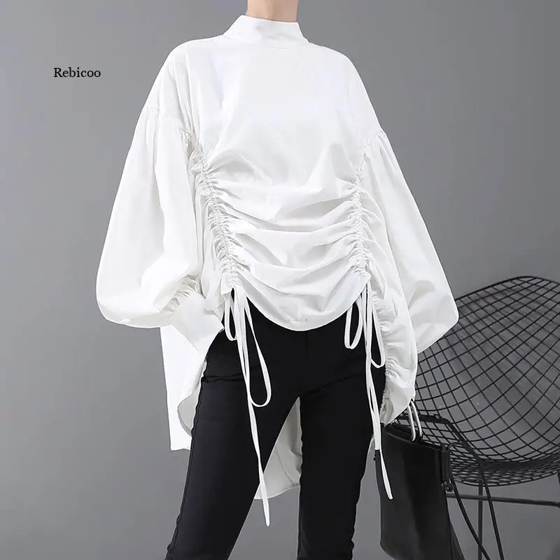 

Oversized Casual Woman Lantern Sleeve Tops Black White Hipster Blouse Draped Lady Tunic Feminine Shirt Chemise Femme