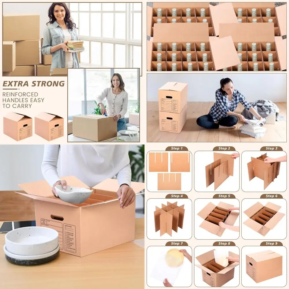 

Набор из 12 коробок для переезда с ручками, 16x12x13 дюймов, с разделителями для стеклянной посуды, коробками для чашек и тарелок, и рулонами упаковочной ленты