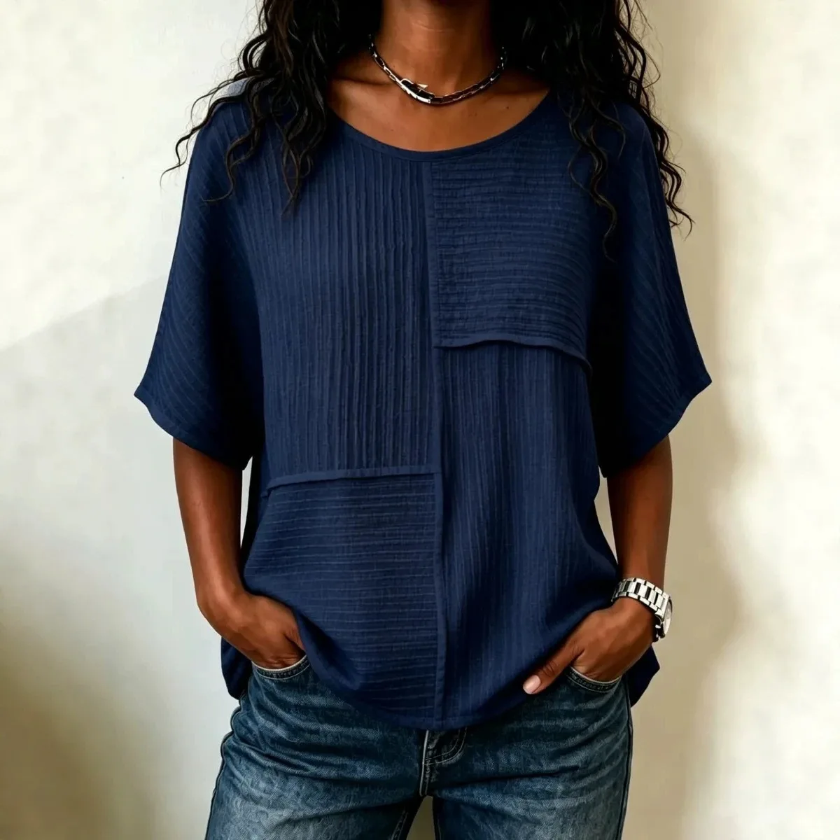 Summer New Mid-Sleeve Pleated Fabric Patchwork Top - Casual Women's T-Shirt